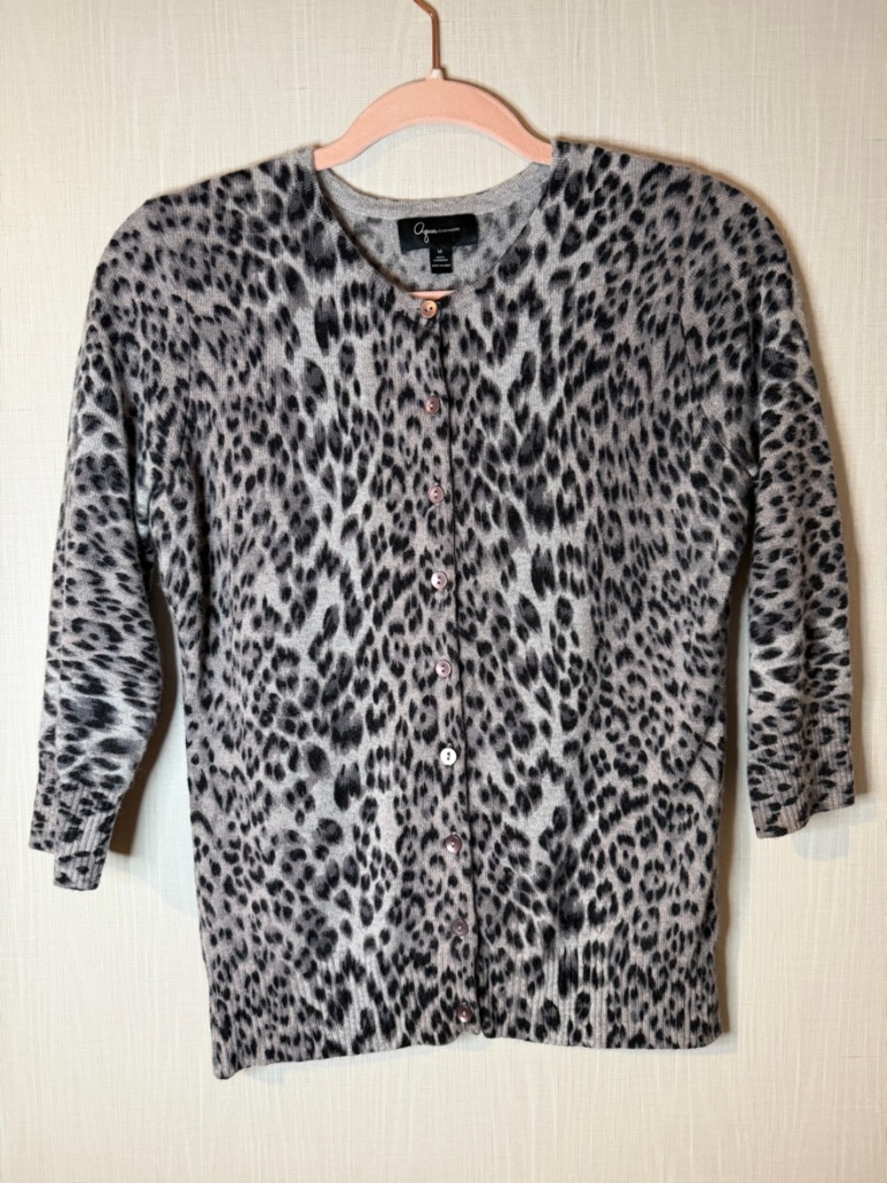 Aqua Cashmere Grey Leopard Print Soft Cardigan Sweater Medium